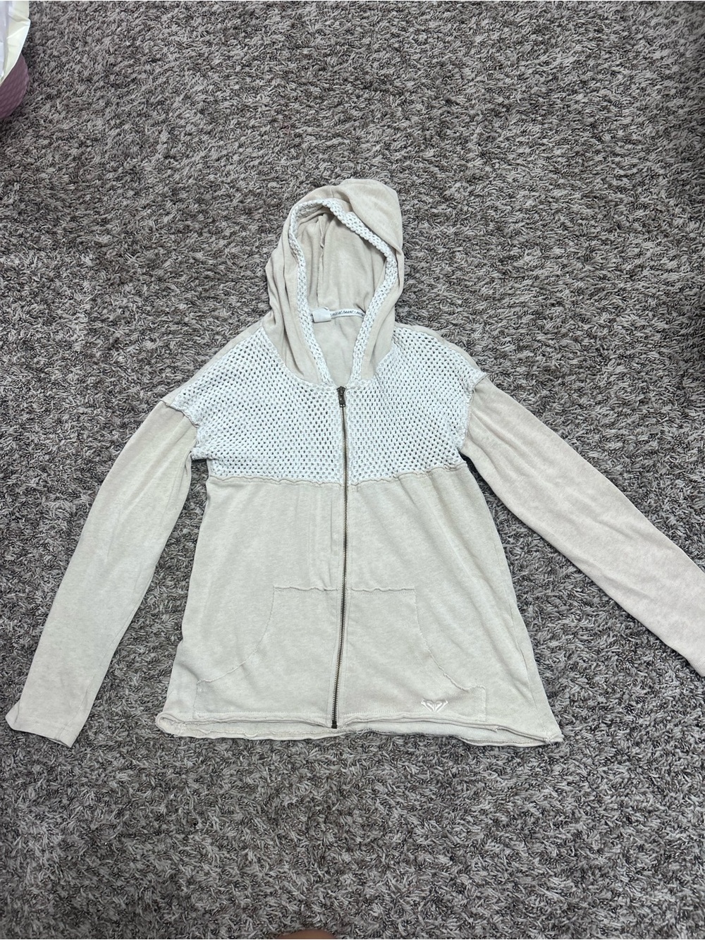 Y2K Roxy Light Beige Hooded Zip-Up with Crochet Yoke